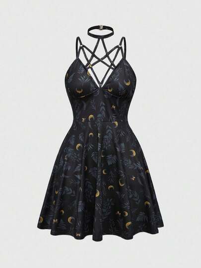 Gothic Style Sexy Summer Fern Print Mini Dress For Women