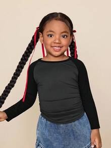 Camiseta casual de cuello redondo y manga raglán de color contrastante para niña - Negro - Ver 4