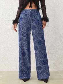 SHEIN Essnce Quần jeans ống đứng in hoa giản dị dành cho nữ - Màu xanh lam - Xem 1