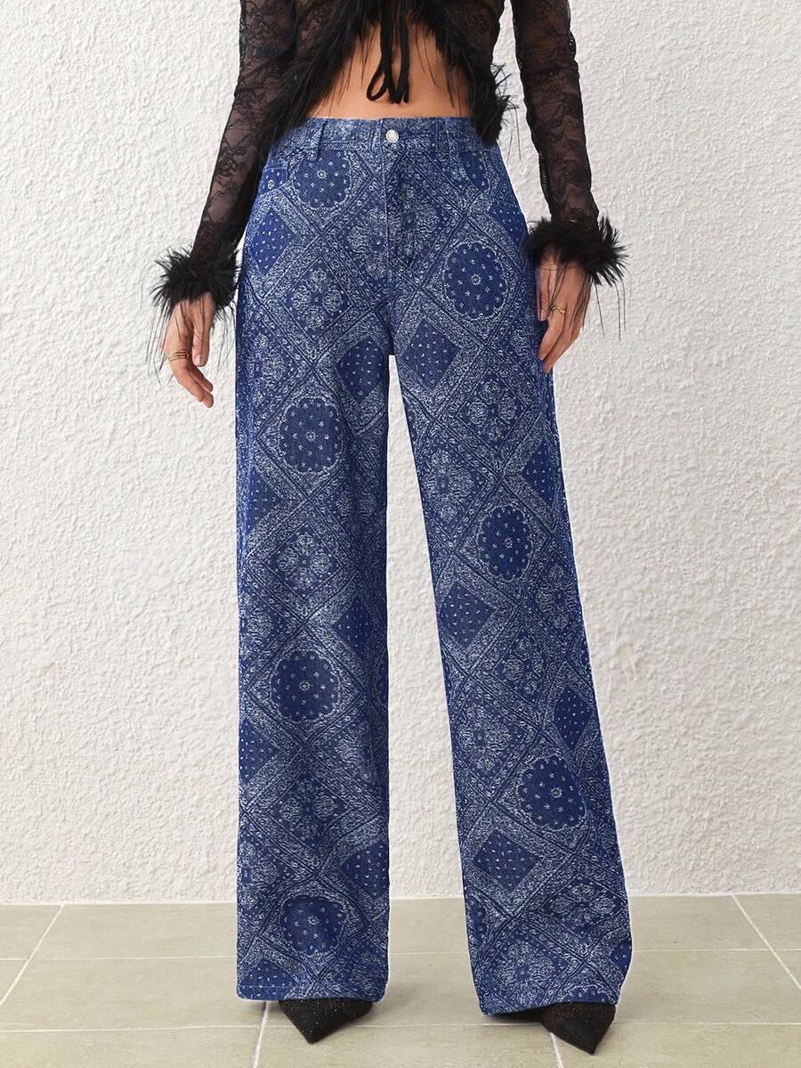 SHEIN Essnce Quần jeans ống đứng in hoa giản dị dành cho nữ - Màu xanh lam - Xem 1