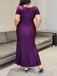Flirla Plus Size 2 In 1 Halter Lace Short Sleeve Cinched Waist Mermaid Dress - Purple - View 2