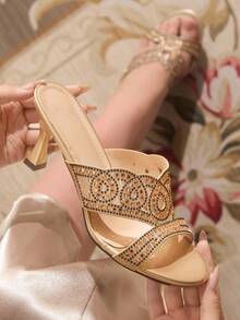 CUCCOO TILAWA Women's Glamorous Summer Gold Glitter Rhinestone Embellished High Heel Slide Sandals - Gold - View 6