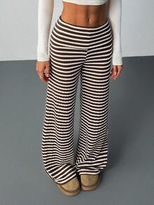 SHEIN Tall Women's Folded Waist Sports Casual Pants Striped Flared Pants Brown Striped Pants Knit Pants Pattern Pants Wide Leg Pants Ribbed Pants Striped Palazzo Pants Wide Leg Striped Pants Palazzo Pants Women,Fall - Coffee Brown - View 1