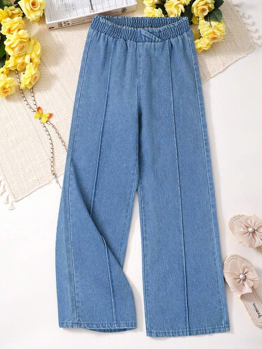 Sparklyn Pantaloni casual larghi in denim medio-blu lavato per ragazze adolescenti, vita elastica asimmetrica, gamba dritta morbida e comoda, adatti per uso quotidiano, scuola, festival e occasioni all'Aperto - Blu lavato medio - Visualizzare 1