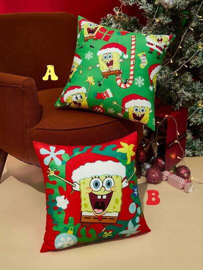 SpongeBob SquarePants | SHEIN 1pc Christmas Pillow Cover (Pillow Insert Not Included), 45*45cm, Plush Fabric, Soft & Comfortable, Suitable For Home Decor, Car
