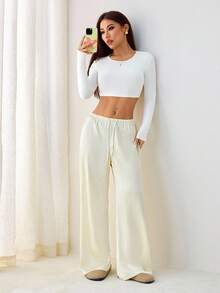 SHEIN PETITE 女士休闲亮面缎面低腰阔腿裤，适合简约休闲和通勤穿搭，春夏女装裤装，商务休闲女裤，女士正装裤，宽松裤，夏季下装，商务休闲阔腿女裤，机场女装穿搭 - 杏色 - 查看 7