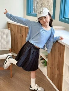 SHEIN 2pcs/Set Tween Girl Ribbed Cardigan And Tank Top Set,  Two Piece Autumn Outfit Fall Winter - Blue - View 3