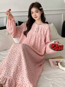 DAZY Sweet Allover Cherry Print Ruffle Trim Nightgown Pajama, Moo Moo Sleep Dress, Fall, Winter - Pink - View 5