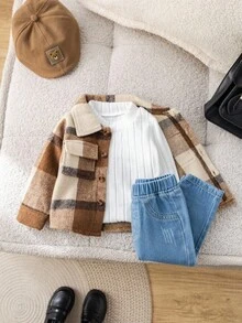 SHEIN 3件套男女通用婴儿格子衬衫、外套、牛仔裤三件套，秋冬季婴儿服装 - 彩色 - 查看 7