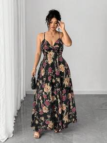 Elenzga Plus Size Women's New Floral Print Twist Front Tie Waist Design With Hem Slit, Suitable For Vacation And Dates - Multicolor - View 7