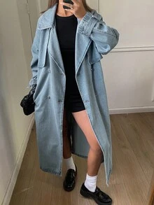 DAZY 女士宽松休闲长款牛仔夹克，秋冬 - 藍色 - 查看 3