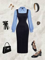 SHEIN MOD Collegiate Striped Navy Blue Split Midi Dress ,Fall Dresses For Women,Winter Dress,Business Casual Woman,Brunch Outfits For Women,Dresses For Women Casual,Goth Dress,Work Dresses For Women,Office Dress, Long Sleeve Dress, Blue Midi Dress,  Elegant Dress Women, Blue Striped Long Sleeve Dress