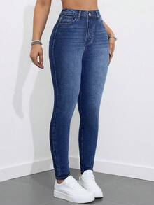 SHEIN Teen Girl Blue Denim Thermal Lined Elastic Skinny Cropped Jeans,Casual And Fashionable Vacation Outfits,Winter Clothes Fall - Dark Wash - View 4