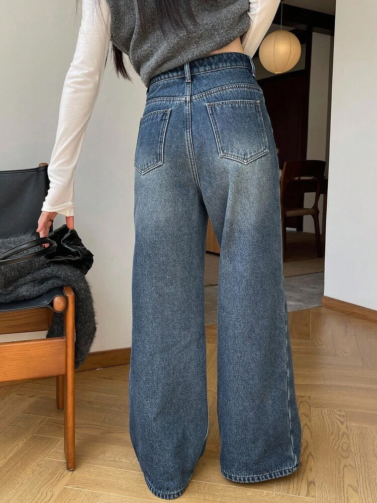 Thermal Lined Straight Leg Jeans For Women, Vintage High Waist Slim Fit Wide Leg Jeans, Autumn/Winter Thermal Lined