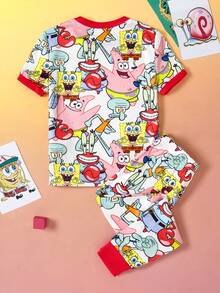 SpongeBob SquarePants | SHEIN 2 pièces/Set Top à manches courtes col rond et pantalon motif dessin animé jeune fille. Ensemble pyjama tricoté décontracté - Multicolore - Voir 2