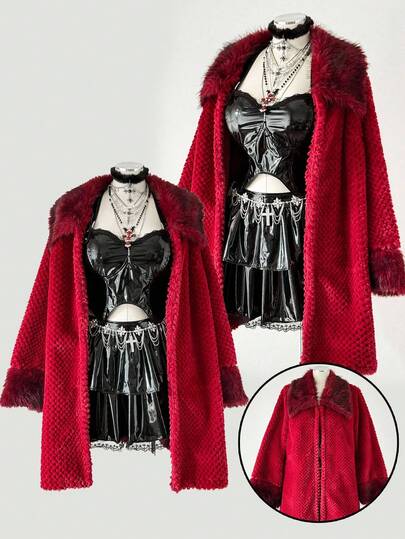 Sunspun Y2K 复古美式菠萝毛绒与人造毛皮拼布女式夹克