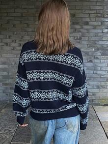 DAZY Suéter holgado de punto con cuello en V, estampado floral jacquard, manga larga, estilo casual retro para mujer, otoño/invierno - Azul Marino - Ver 6