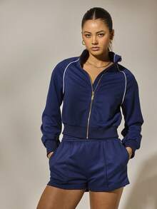 Aralina Leisurewear Fall Winter Y2K Stockholm Style Streetwear Zip Through Pipping Sweatshirt Gym Top Airport And Activewear - Blue - View 8