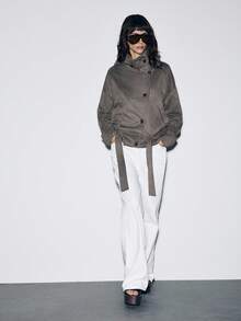 Lumivelle 女士秋冬休闲宽松下摆抽绳腰部仿麂皮连帽短款风衣 - 灰色 - 查看 5