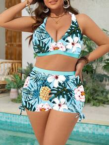 Swim Lushoire Plus Size Women's 3-Piece Random Print Tankini Swimwear Set, Flattering And Loose For Summer Beach Vacation
