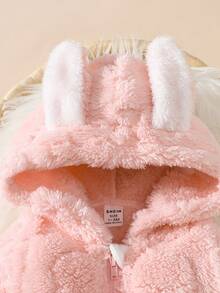 Newborn Baby Pink Rabbit Ear Hooded Romper, Soft Plush Jumpsuit Outfit For Infant, Cute & Comfortable For Home, Outings, Parties, 0-9 Months Fall Winter - Pink - View 7