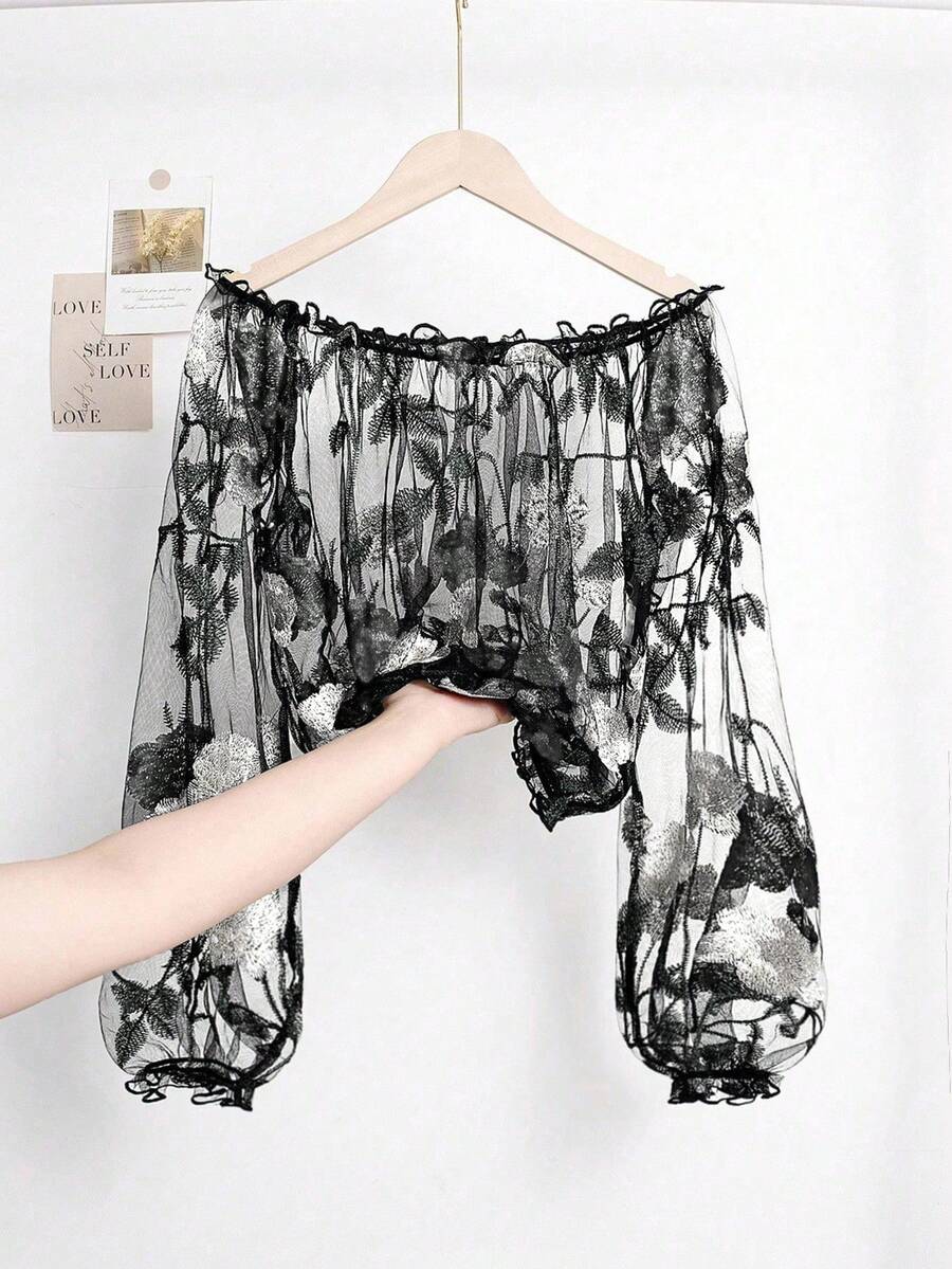 EMERY ROSE 女士时尚透明网眼钩针刺绣花卉露肩灯笼袖短款上衣 - 彩色 - 查看 1