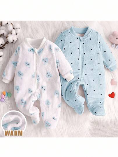 Loomiva 2 件装女婴心形和波尔卡圆点印花长袖全拉链保暖羊毛连体衣 适合秋冬季