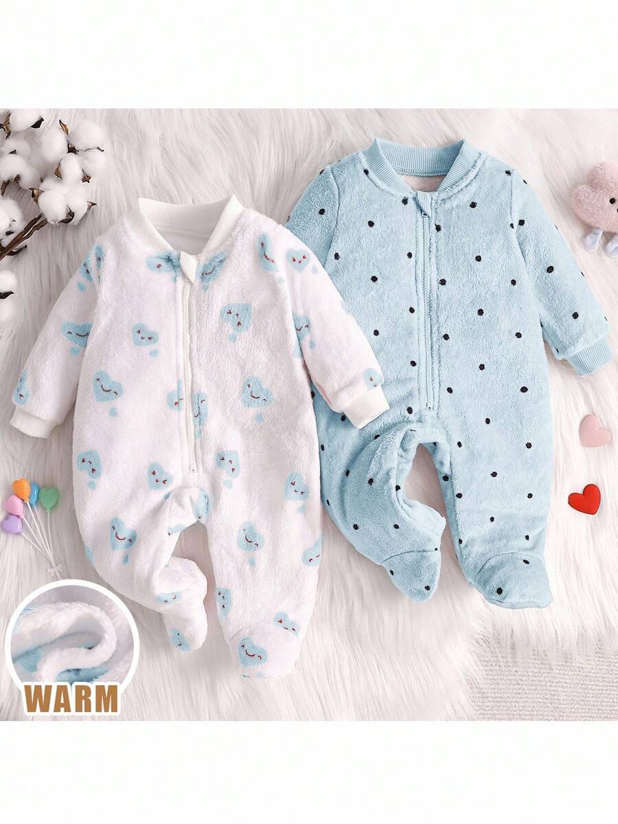 Loomiva 2 件装女婴心形和波尔卡圆点印花长袖全拉链保暖羊毛连体衣 适合秋冬季 - 藍白色 - 查看 1