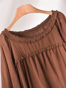 CosyJoli Plus Size Women Frill Trim Round Neck Long Sleeve Casual Brown Shirt, Versatile For Daily Wear/Fall/Winter - Brown - View 5