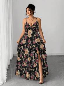 Elenzga Plus Size Women's New Floral Print Twist Front Tie Waist Design With Hem Slit, Suitable For Vacation And Dates - Multicolor - View 6