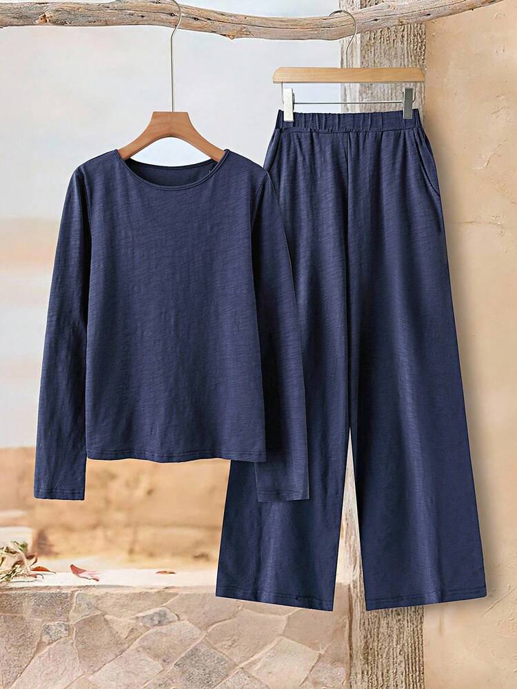 2pcs Women Casual Solid Color Round Neck Long Sleeve Top And Pants Set, Autumn  Chic   Country WILDY Fall Autumn Winter  Female Country Look Country For Women  Country Country Outfits For Women Women's Winter Sweater Fall Women Clothes  Fall Clothes For Women  Autumn Clothes  Thanksgiving Outfit For Women Elegant Women's Set