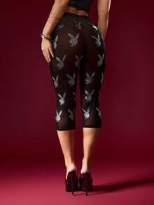 Missguided x Playboy 兔子图案印花网眼七分紧身裤 高腰节日派对夜店装 - 黑色 - 查看 2