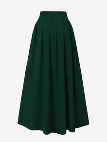 Franclia 大码纯色高腰百褶A字裙，适合秋季穿着，深绿色百褶简约优雅正式裙 - 墨綠色 - 查看 2