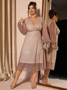 Cravure Plus Size Women Luxury Party Ruffle Collar Glitter Fabric Long Sleeve Dress - Champagne - View 3