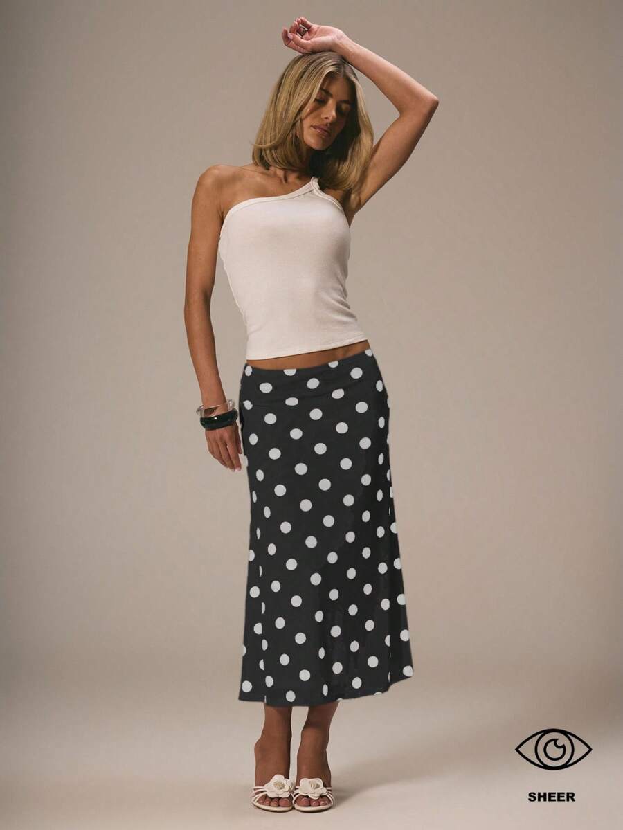 MUSERA Mesh Polka Dot Midi Skirt Fun Cute Dainty Girly Summer Cute Graduation Birthday Wedding Guest Beach Vacation Work, Office Fall, Autumn, Winter, Back To School  Party