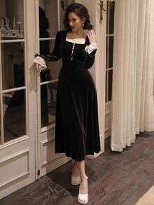 DAZY Vestido de fiesta elegante para mujer, vestido de longitud media con mangas abullonadas, parches de encaje y bloques de color, otoño