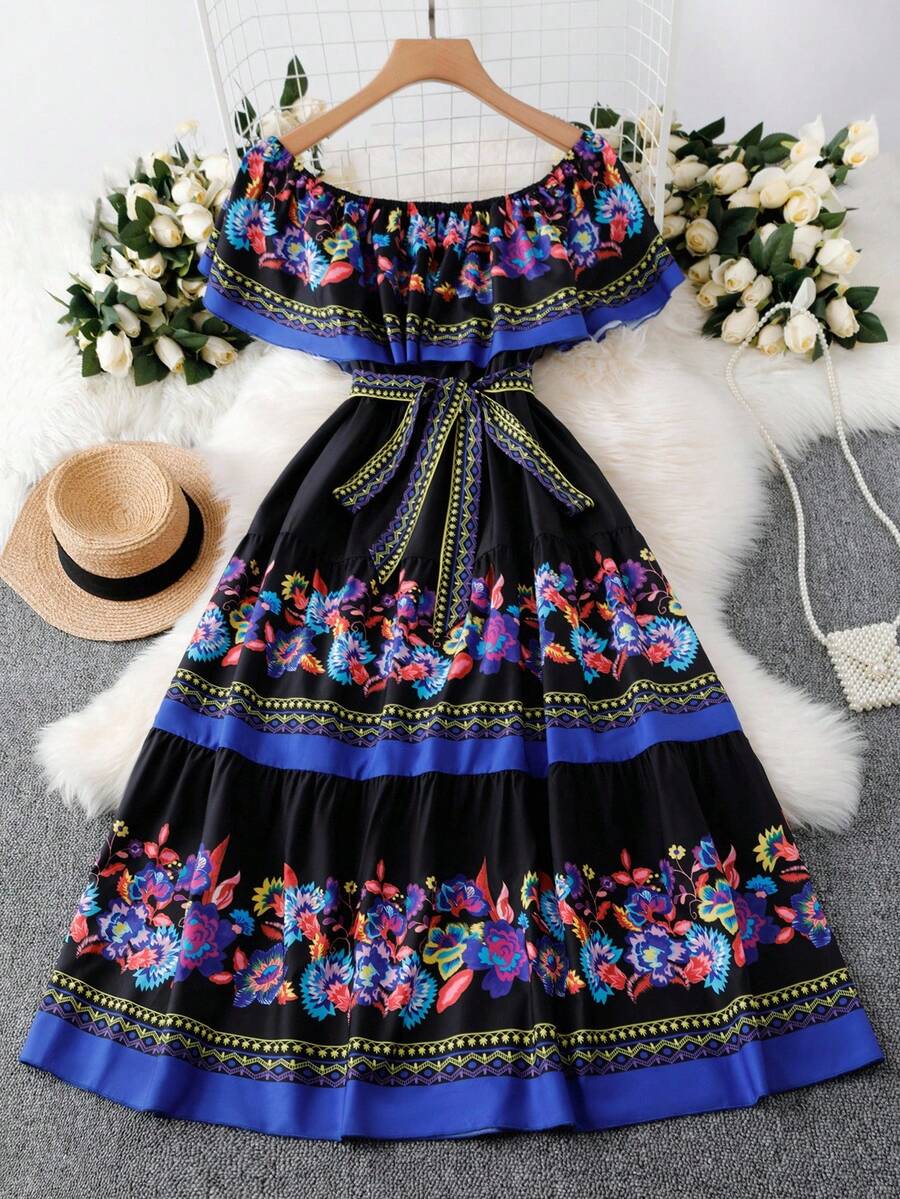 SHEIN LUNE Gaun Maxi Off Shoulder Motif Bunga untuk Liburan Wanita Ukuran Plus - Teal Blue - View 1
