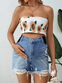 SHEIN Maternity Denim Shorts, Casual Slim Fit Ripped Blue Shorts - Blue - View 3