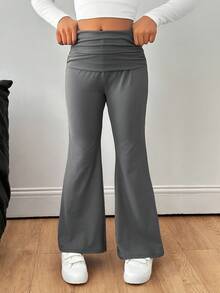 SHEIN Tween Girls' Basic Casual Knit High Waist Ruched Slim Flare Pants, Back To School - Grey - View 3