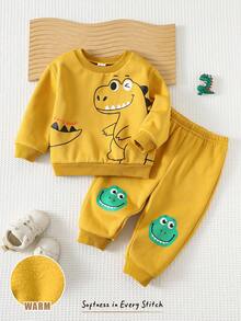 Cozy Pixies 2pcs Baby Boy Cartoon Dinosaur Pattern Cute Fleece Knit Soft Round Neck Long Sleeve Pullover Sweatshirt & Elastic Waist Pants Set Yellow Outfit For Baby Boy Baby Boy Clothes Dinosaur Sea Animal Baby Clothes Baby Casual Sets Baby Cartoon Clothes Fall Winter - Yellow - View 3