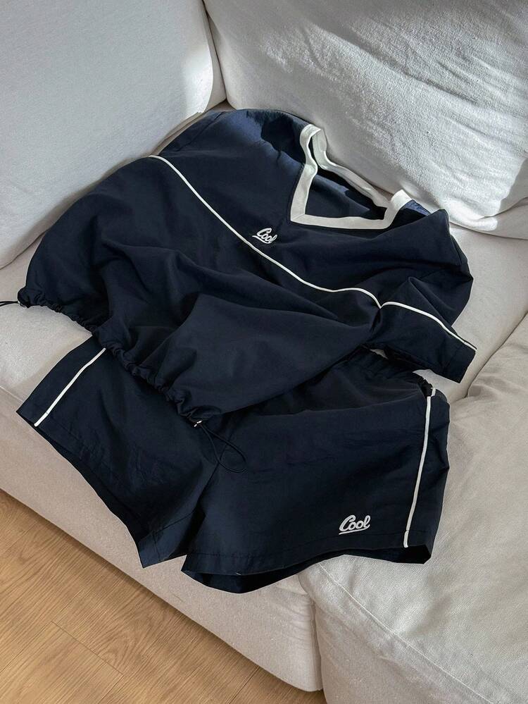 2pcs Women Color Block V-Neck Loose Casual Set,Short Women Sets