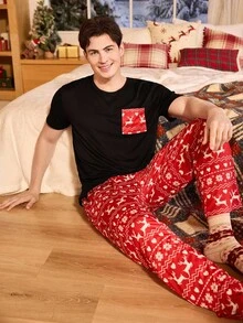 SHEIN Christmas Print Pocket Short Sleeve Pants Pajama Set For Men Christmas Pajamas Couple Christmas Pj Red Pj Set