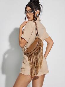 SHEIN SXY 女士、女式胸包、腰包、复古、铆钉、复古、流苏、时尚、街头、简约、个性化、多功能、适合约会、日常、购物、下午茶 - 卡其色 - 查看 7