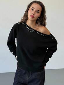 Aloruh Suéter holgado de punto casual con decoración de remaches vintage y hombro asimétrico, color negro