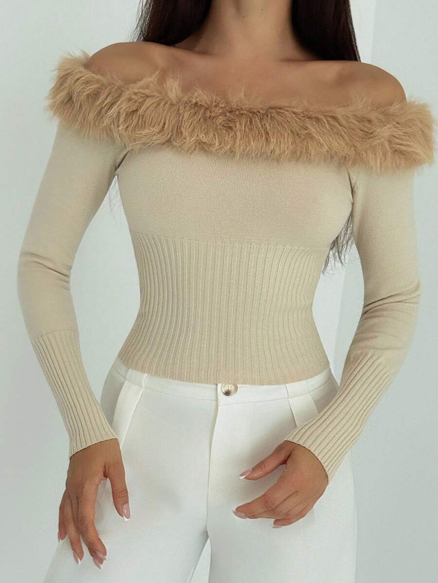 Aloruh Khaki Off Shoulder Furry Patchwork Bodycon Ribbed Cropped Women T-Shirt - Khaki - View 1