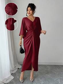 Elenzga Plus Twist Front Asymmetrical Hem Dress - Burgundy - View 1