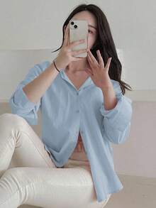 DAZY Áo sơ mi trơn tay dài màu xanh, cài nút đơn giản, dáng rộng, màu trơn dành cho nữ, mùa thu - Màu xanh lam - Xem 6