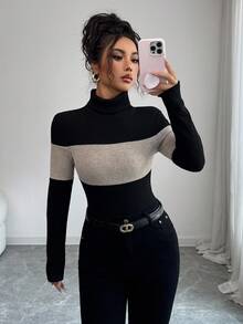 Elenzga 女式高领拼接长袖紧身衣，修身，撞色，秋冬 - 黑色 - 查看 6