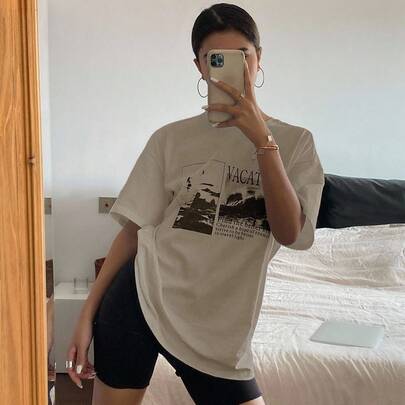 편안한 짧은 소매 라운드 넥 여성 티셔츠 레터 패턴 프린트 여름 그래픽 티셔츠 오버사이즈 티셔츠