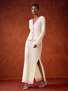 Zivah Conjunto de cárdigan con ribete de punto de cable y falda maxi con ribete rosa en contraste para otoño/invierno